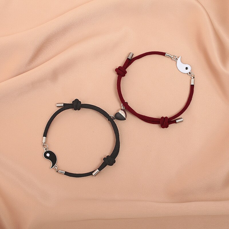 Europese Milan Touw Tai Chi Yin Yang Paar Armband Voor Liefhebbers Magneet Hart Armband Voor Koppels Voor Haar ZR-05: Black-Wine Red