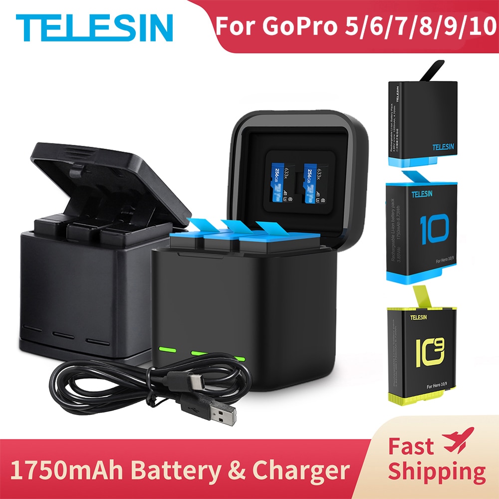 TELESIN For GoPro 10 9 Battery 1750mAh 1220mAh 3 Slots LED Light Charger Box TF Card Storage For GoPro Hero 5 6 7 8 9 10 Black