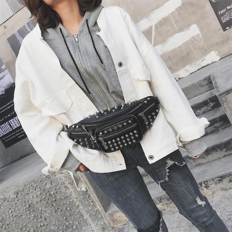 Punk Stijl Klinknagel Pu Lederen Casual Heuptas Vrouwen Sling Schoudertas Telefoon Dames Borst Riem Zakken (Zwart)