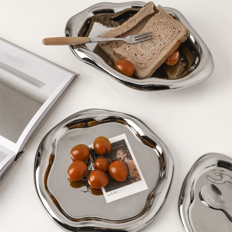 Bandeja plateada de cerámica para decoración de escritorio, bandeja de almacenamiento de puntos de tinta de arte , plato de salsa, plato de decoración de cocina y sala de estar
