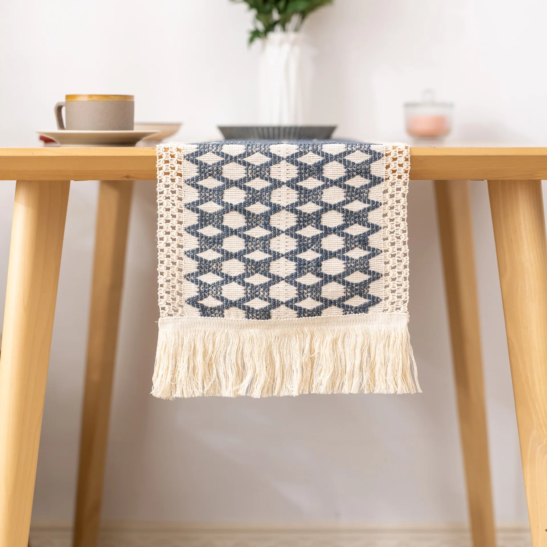 Handgewebter Jute-Tischläufer aus Naturleinen mit Quasten, rustikale Landhochzeit, Geburtstag, Weihnachtsdekoration für Zuhause, Tischdecke: 32*210cm / Blau