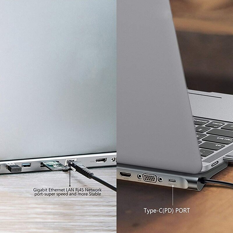 10 in 1 USB di Tipo C centro Adattatore Del computer Portatile attracco stazione HDMI VGA RJ45 PD Compatibile per HP/ Lenovo/Superficie Grigio