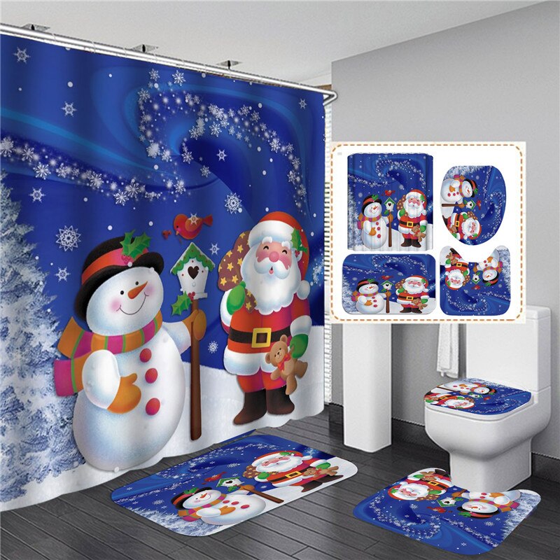 Merry Christmas Shower Curtain Set with Rugs Waterproof Curtain Bathing Screen Anti-slip Toilet Lid Cover Rugs Bathroom Decor: 4 PCS Full Set - D