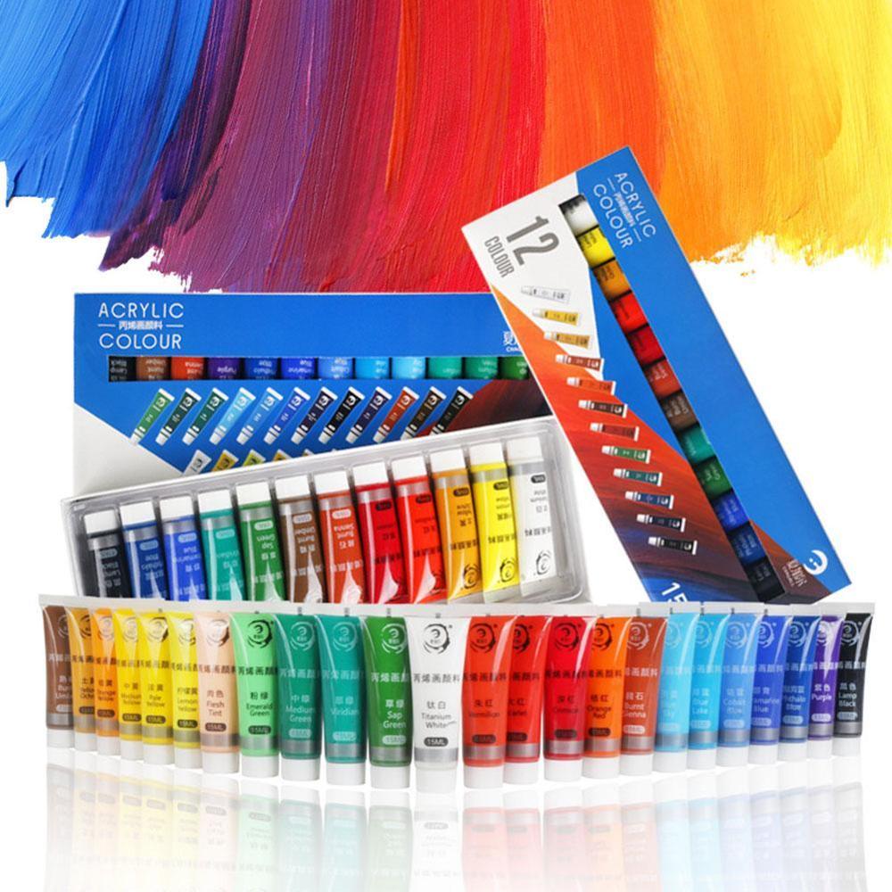 12/24 Colors Acrylic Paint Set Color Paint For Fabric Clothing For Kids Drawing 15ML Glass Painting Waterproof Art Supplies J6J6