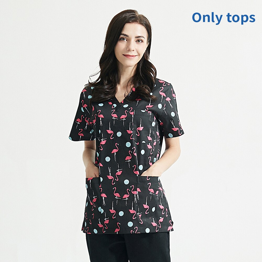 Korte Mouwen Schoonheidssalon Werk Suits Vrouw 100% Katoen Afdrukken Scrubs Tops/Broek Kostuum V-hals Scrubs Uniformen vrouwen: tops / S