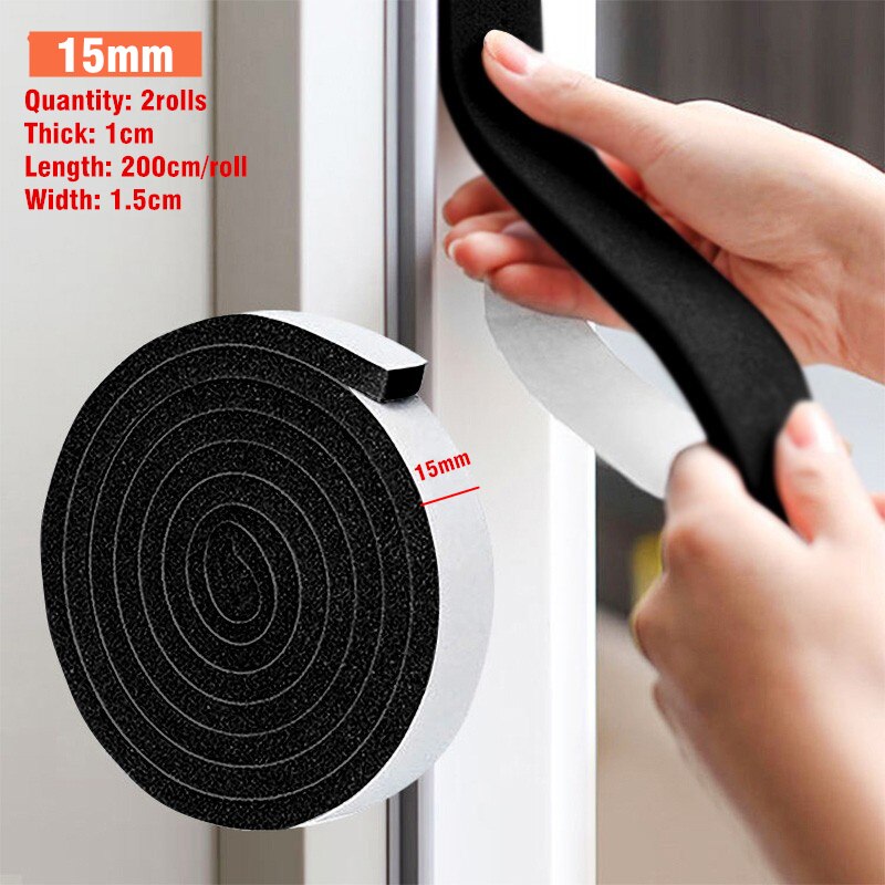 2 Roll Door Window Sealing Strip Weather Stripping Self-Adhesive Soundproof Sponge Foam Insulation Tape Windproof Dustproof Seal: Black 1.5cm 2 Rolls
