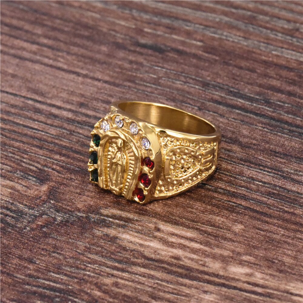 Rustfrit stål guld hip hop krystal jomfru mary ring smykker mama mary christ rhinestone ring smykker til ham størrelse 8-12