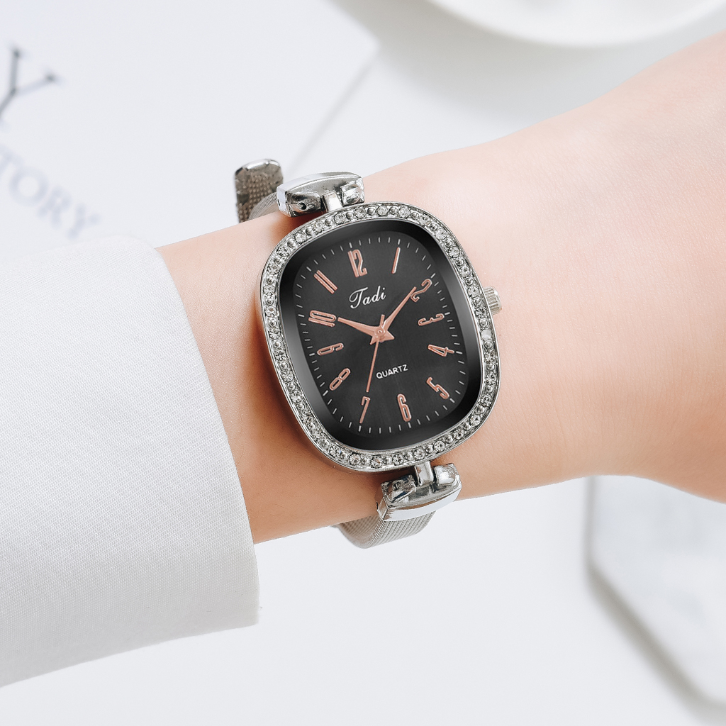 Reloj de pulsera con correa de malla plateada para Mujer, pulsera con esfera de diamante,