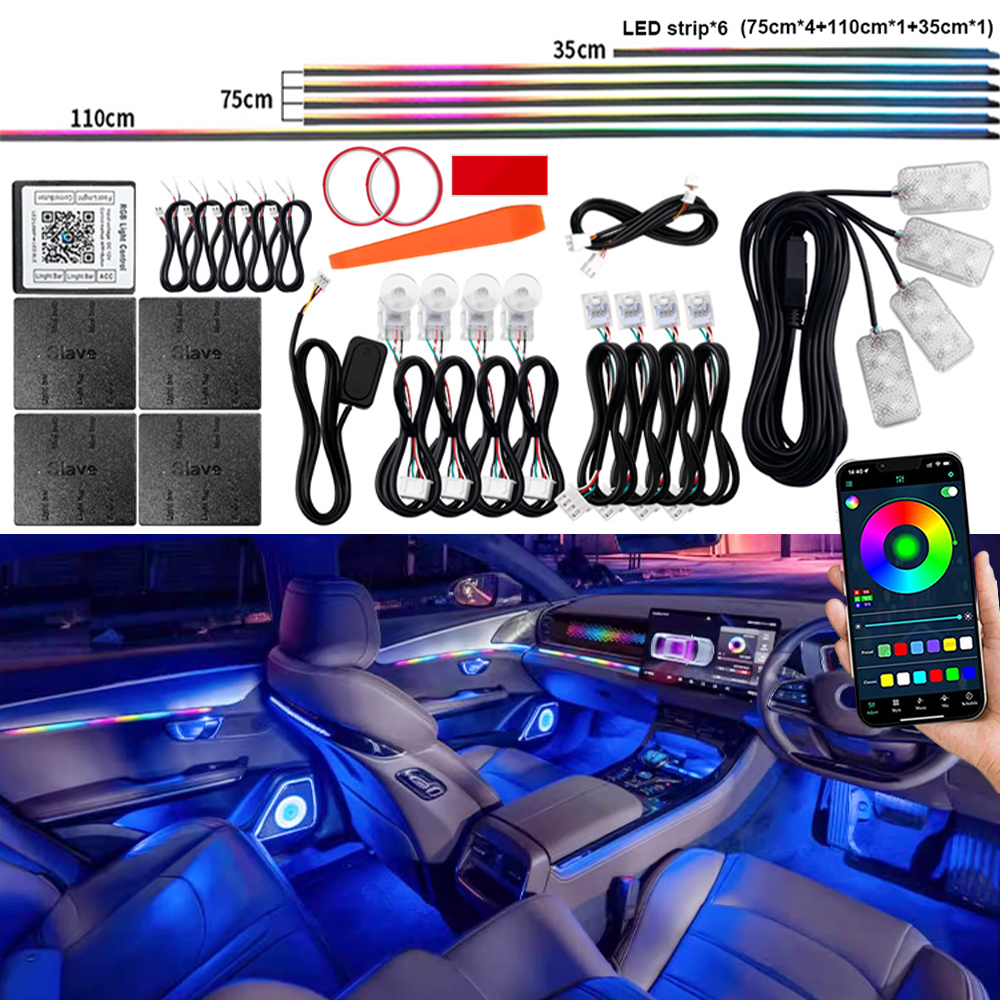 18 i 1 bil led omgivende lys symphony dobbeltzone fuldfarvet streamer rgb interiør skjult akryl dekoration atmosfære lysstrimmel
