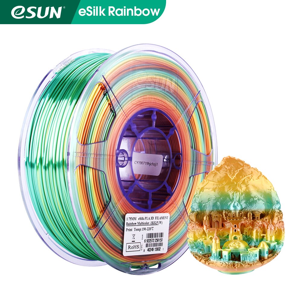 Esun silke pla glødetråd 1.75mm regnbue flerfarvet silke pla 3d printer glødetråd 1kg 2.2 lbs spole 3d trykmateriale til 3d udskrivning