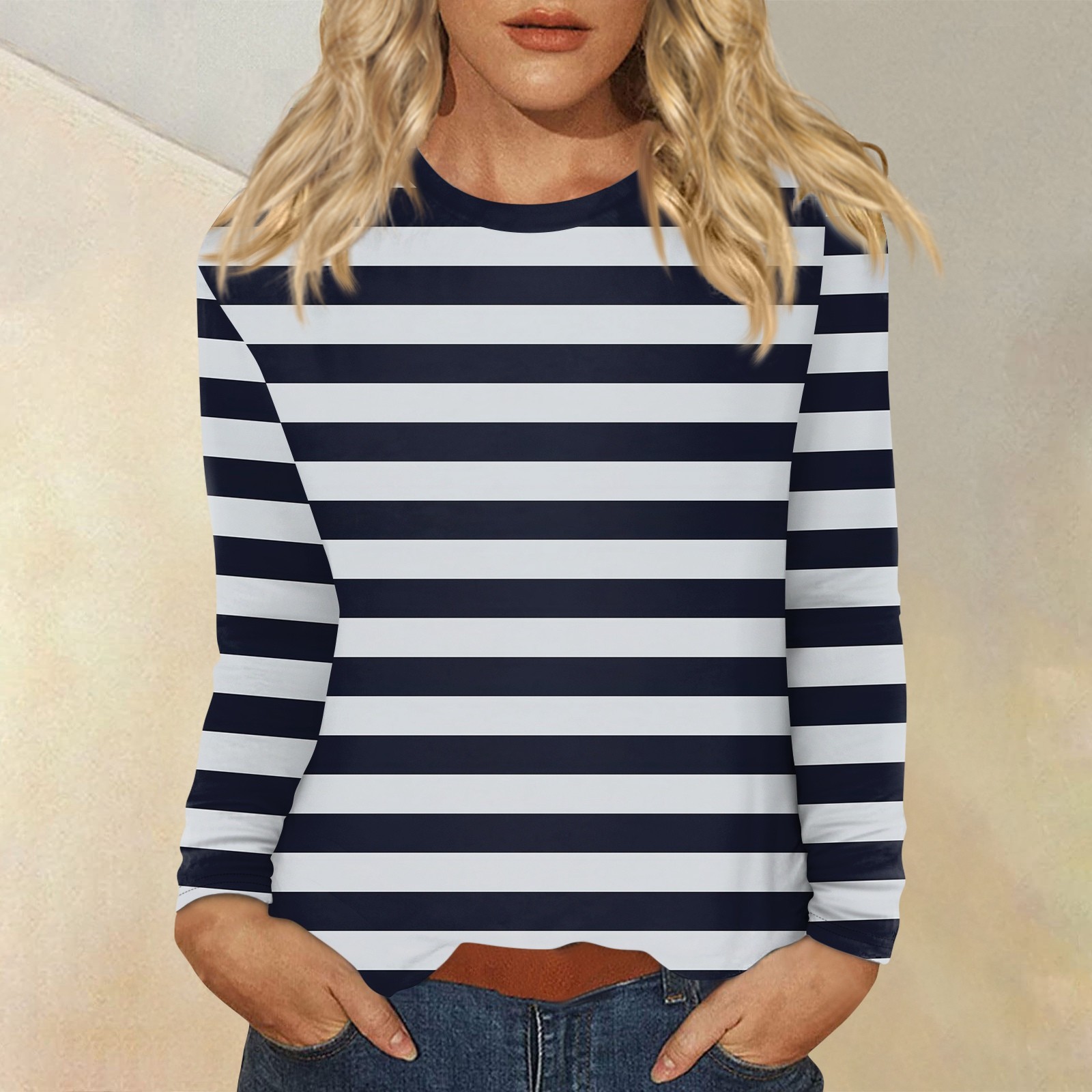T-Shirt à Manches sulfet Col Ras du Cou pour Femme, Vêtement Décontracté, Rayé, Imprimé, Tendance, à la , de , 03