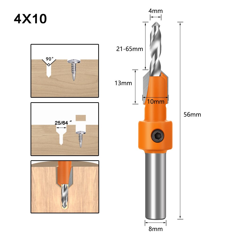 8mm Schaft HSS Holzbearbeitung Senker Bohrer Set Schraube Extractor Remon Abriss Holz Fräser Spiralbohrer Holz: 4mmX10mm