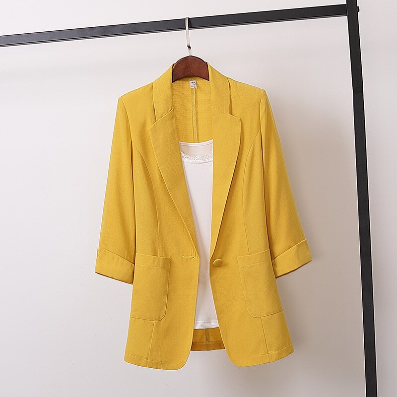 Blazer Long en coton et lin pour femme, manteau blanc, noir, jaune, petit costume, 3XL, 4XL, automne grande taille, C6488, décontracté: yellow blazers / M