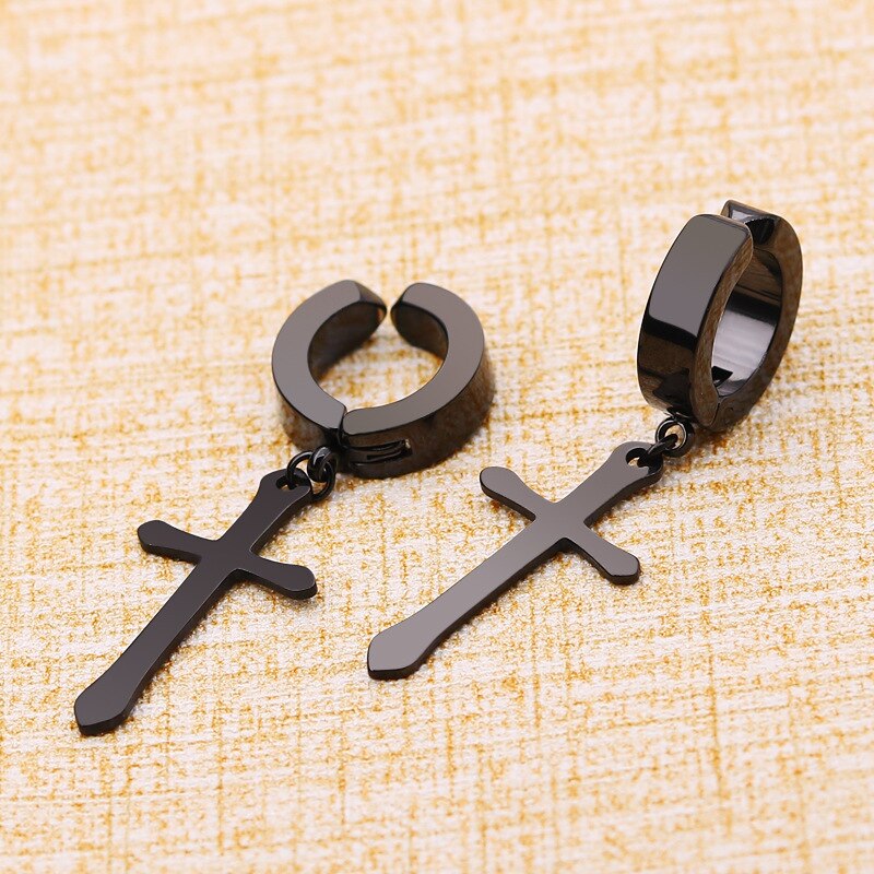 1 Pcs Rvs Clip Op Non Piercing Oorbellen Voor Vrouwen Mannen Zwarte Goud Kleur Cross Gothic Punk Rock Pendiente