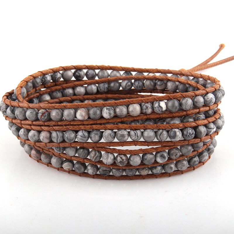 Joyería de para mujer, pulsera de cuero marrón hecha a mano, 5 hebras, piedras naturales de 4mm, pulseras envolventes, DropShippers: gray