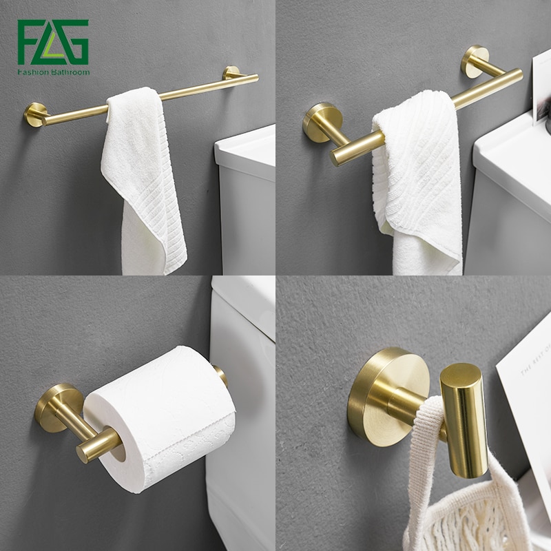FLG Brushed Gold Bathroom Accessories Set 304 Stainless Steel Brushed Nickel Wall Mounted Bath Hardware Sets G222-4GN