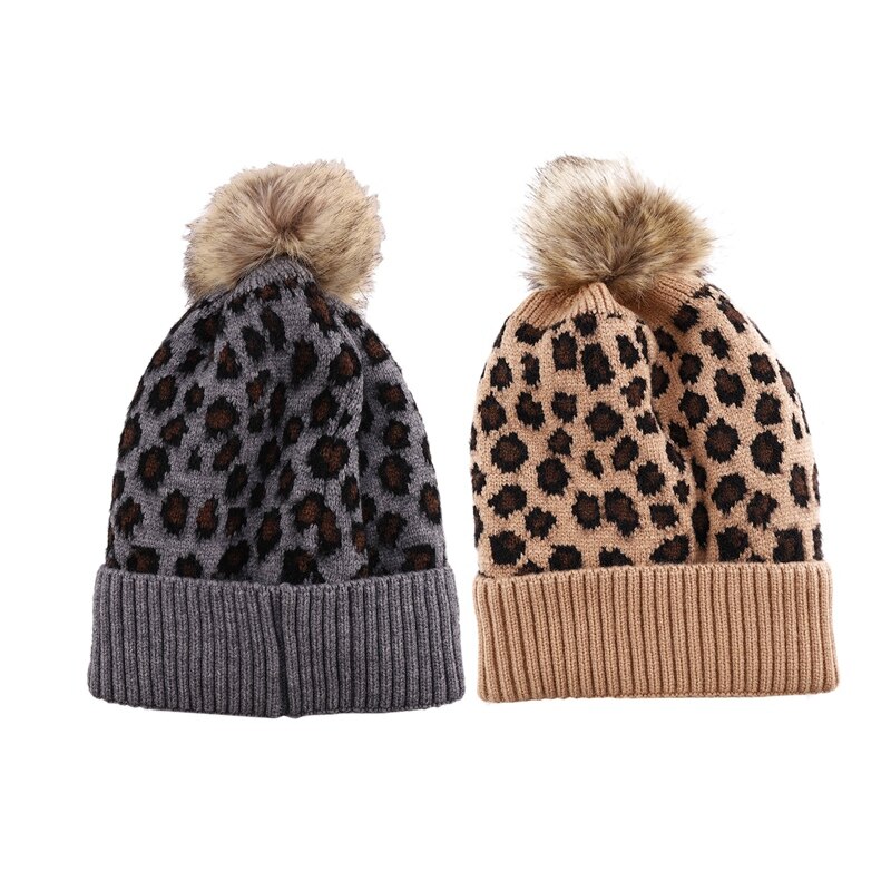 Cappello leopardato a tesa larga in lana morbida autunno e inverno da donna, stampa leopardata e palla di peluche