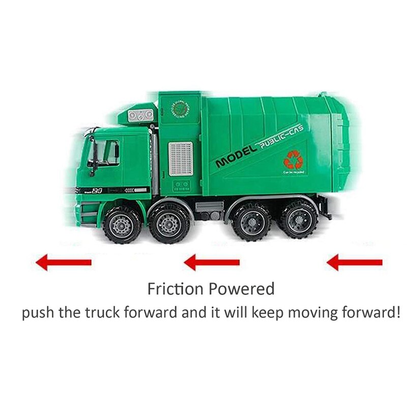 14 Inch Friction Powered Garbage Truck Toy,with 3 Trash Cans,No Battery Required,A Great for Children