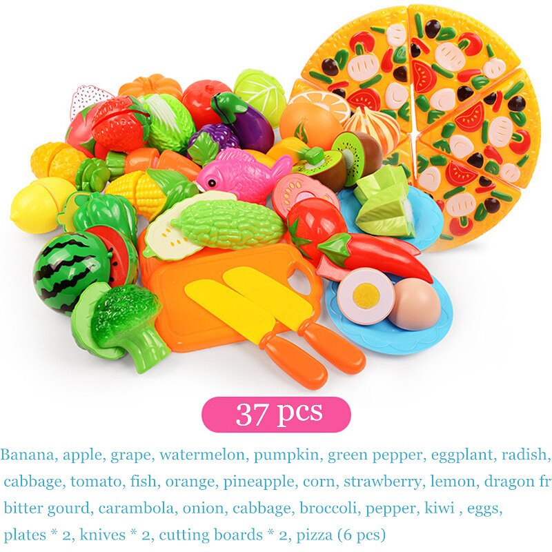 children kitchen toys Plastic fruits and vegetables toys cutting veget fruit toy Pretend Play food pizza kitchen kids toys: 37 PCS