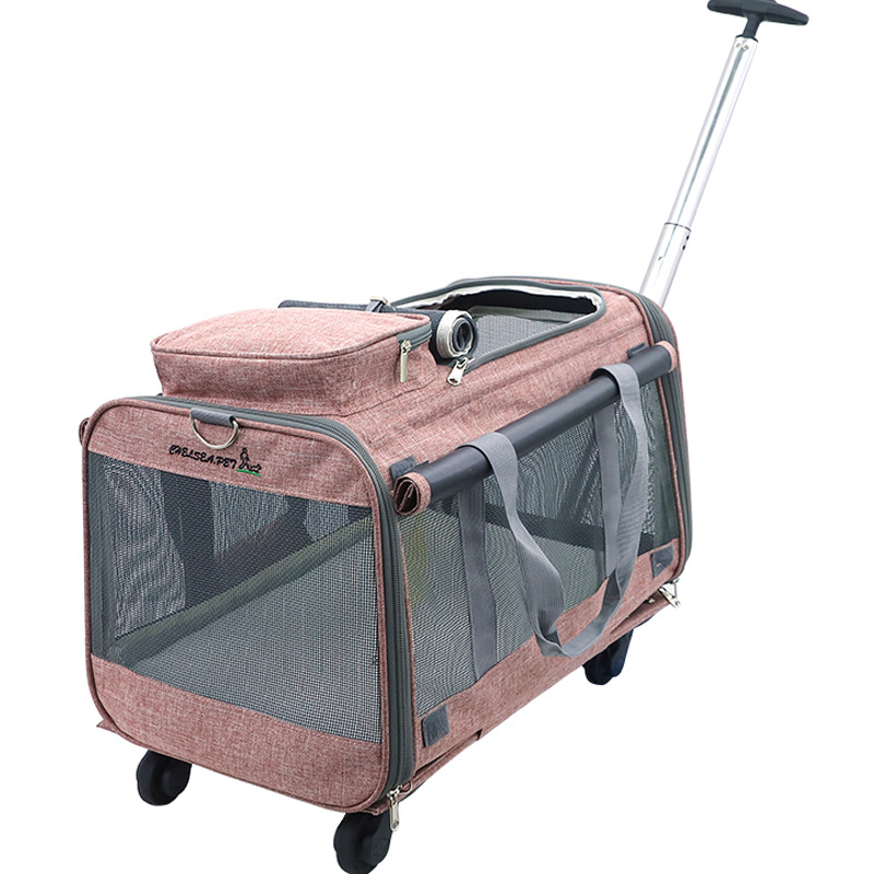 Portátil caso do trole do gato do animal de estimação roda universal destacável respirável dobrável grande capacidade saco de viagem do filhote de cachorro sacos de malha: Pink