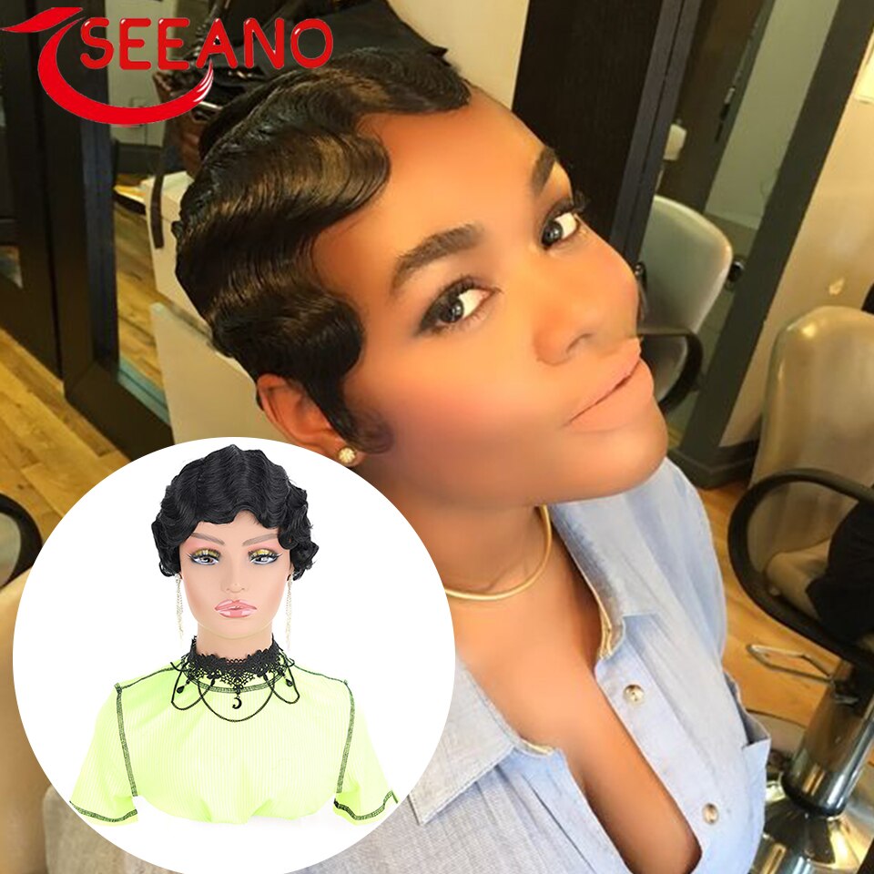 SEEANO – perruque synthétique Afro courte noire 6 pouces pour femmes noires, Blonde rouge violet rose blanc vert, perruque de Cosplay résistante à la chaleur