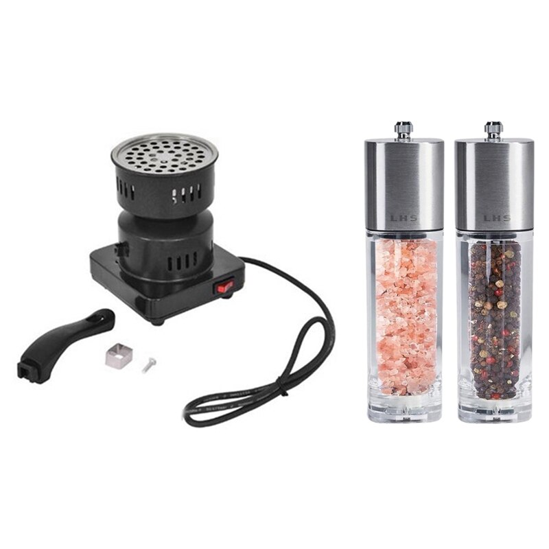 1X650W Heater Houtskool Kookplaat Kookplaat Kolen Elektrische Brander Us Plug & 2 Stuks Handleiding Roestvrij Staal zwarte Peper Grinder