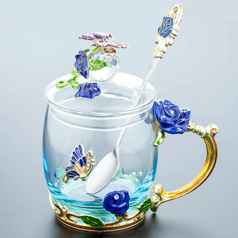 Enamel Water Cup Glass Cup Household Set Flower Tea Crystal Coffee Mug Beer Mug with Handle Wedding Tableware: I