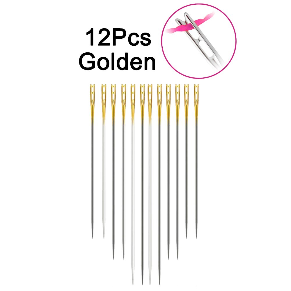 12Pcs/set Elderly Stainless Steel Needle-side Hole Blind Needle Household Sewing Hand Sewing Needles Threading Apparel Sewing: Golden B