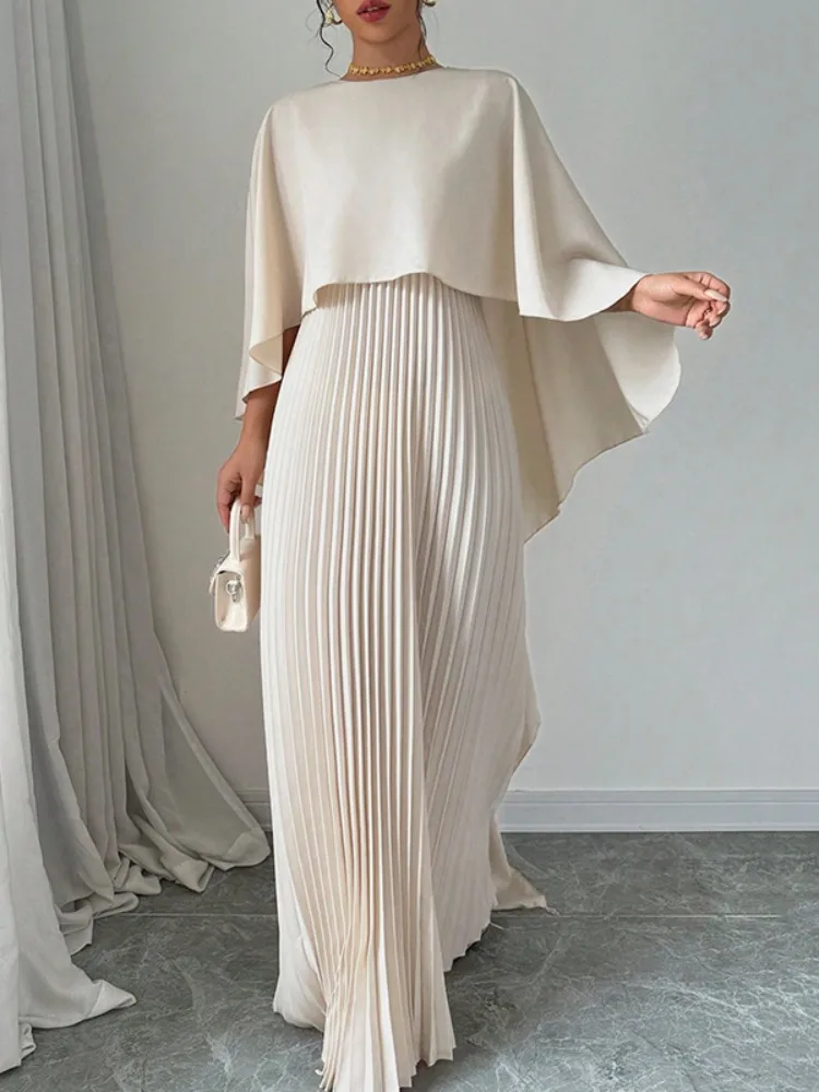 Neue Weibliche Stilvolle High-Low Party Abend Maxi Kleider Frühling Herbst Cape Ärmeln Einfarbig Gefaltetes Langes Kleid