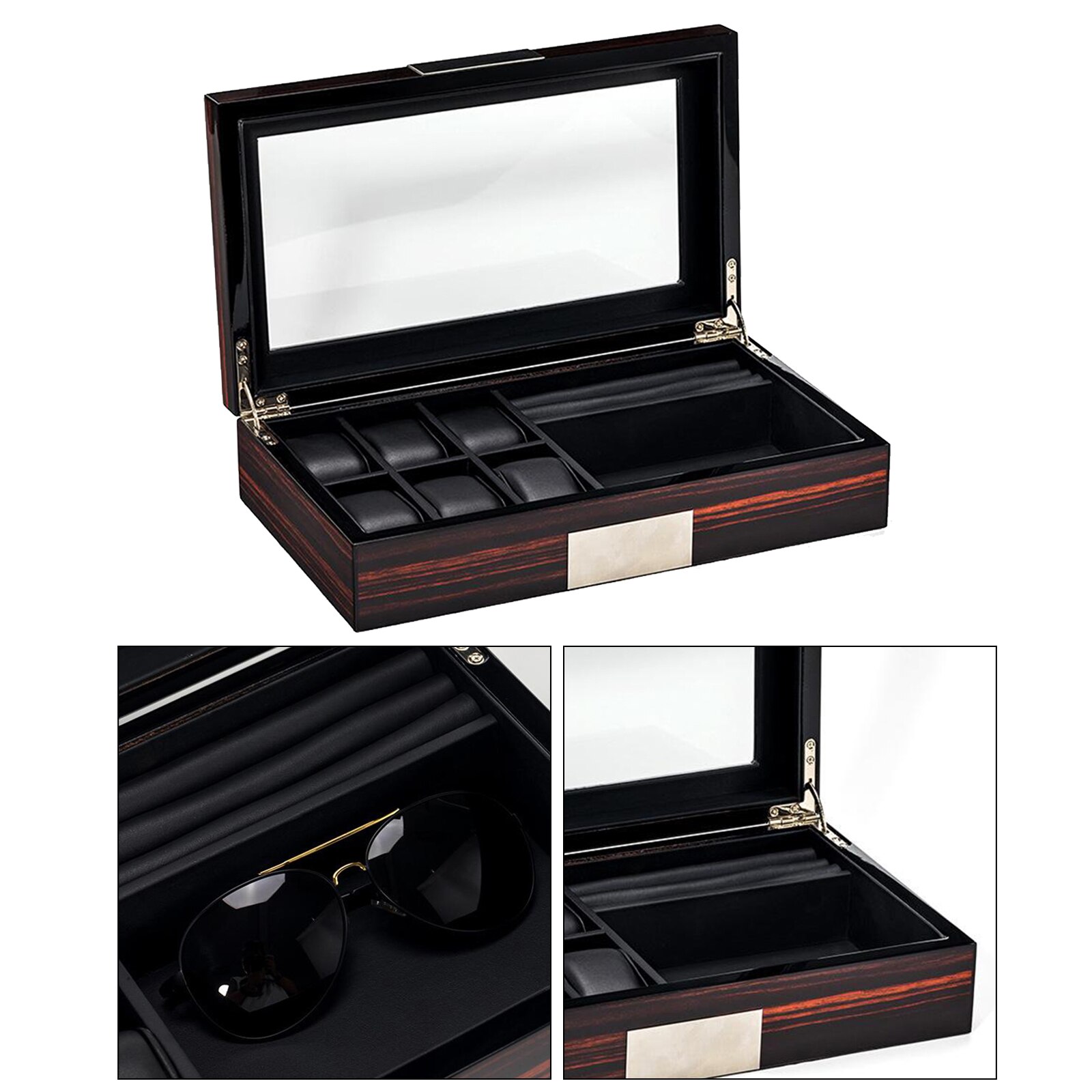 Horloge Box- Display Case & Organizer Voor Mannen Sieraden Horloge Houder 6 Horloge Slots & Brillen Slots Voor Zonnebril ringen