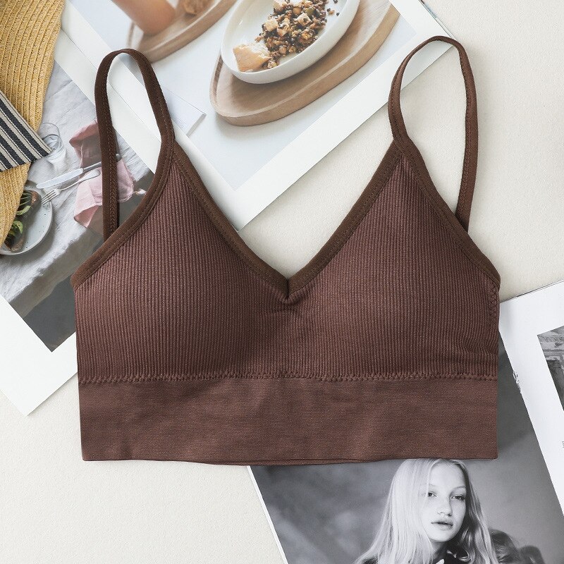 SVOKOR Sexy Seamless U Type Backless Bra Sport Tank Breathable Push Up Women Yoga Bra Solid Detachable Pad Girl Bralette: Coffee Bra / 52.5-65kg