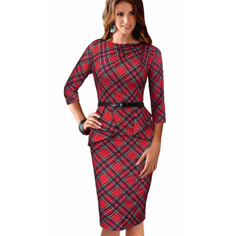 Nice-forever efterår vintage rød plaid peplum kjoler business office bodycon monteret kvinder blyant kjole btyb 267: Xl