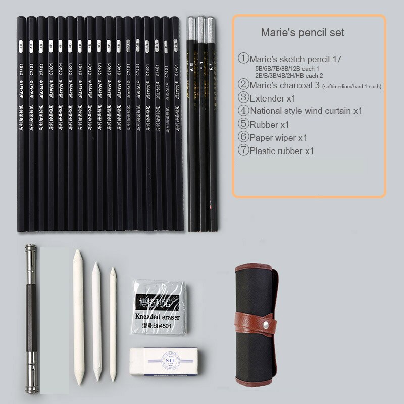 Schets Potlood Set Beginner Tekening Art Soft Medium Harde Houtskool Professionele Student Schetsen Gereedschap Kunst Levert: Maries Button style