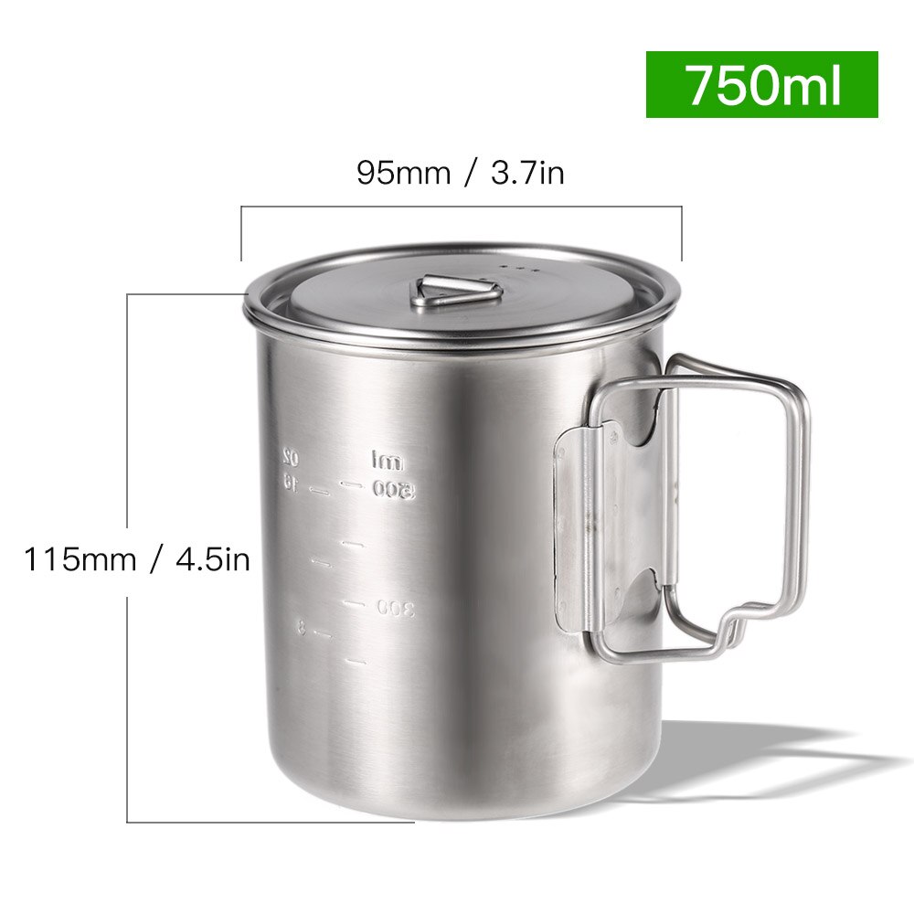 750ml Edelstahl draussen Camping Topf Hängen Topf Tasse Camping Wasser Becher Tasse mit Deckel und Faltbare Griff Außen kochen Picknick: Nein Haken