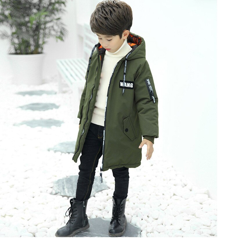 Winter Jongens Parka Dikke Camouflage Dragen Op Beide zijden Warm Jassen Hooded Lange Katoenen-jassen Voor 5- 14T Kinderen: army green / 13