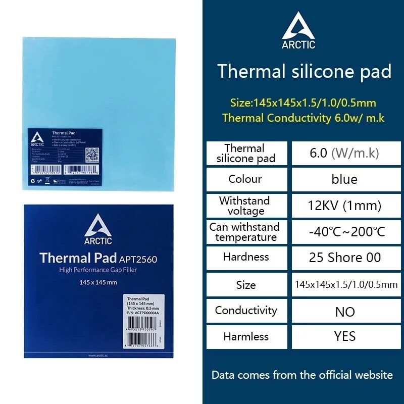 ARCTIC High Efficient Thermal Pad 145x145x0.5/1.0/1.5mm Graphics Card Memory North And South Bridge Water Thermal Pad 6.0 W / mK
