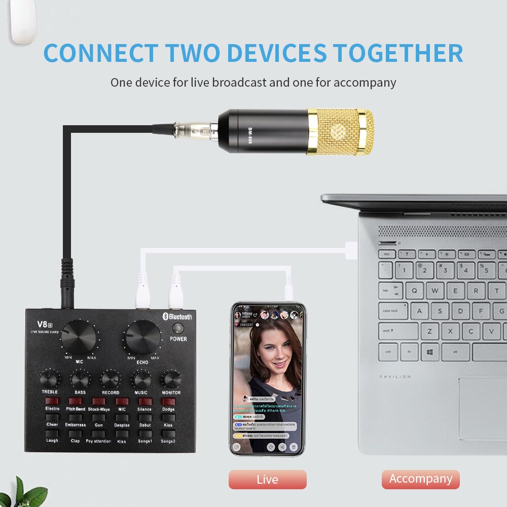 External Sound Card Audio Interface for Computer Recording Live DJ Sound Mixer Phone Voice Changer with Bluetooth