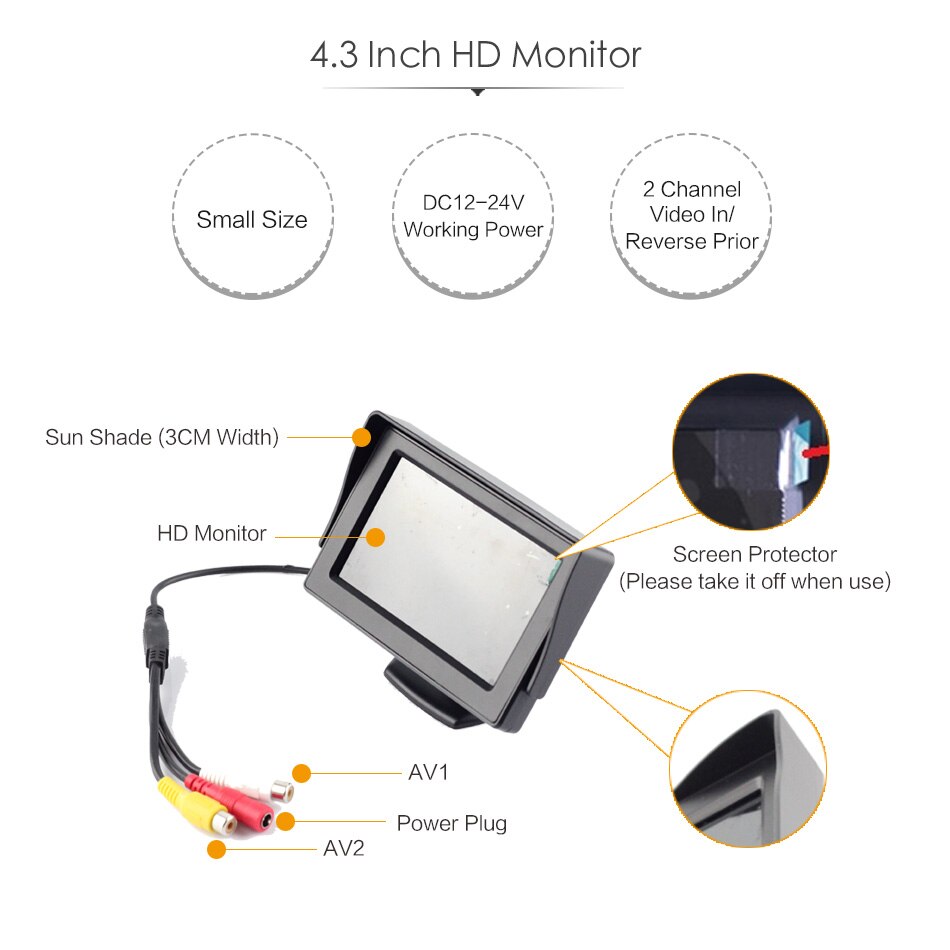 4.3 Inch 12V 24V Auto Vrachtwagen Bus Standalone Led Monitor Screen Met Achteruitrijcamera Reverse Backup Camera Parking kit Combo