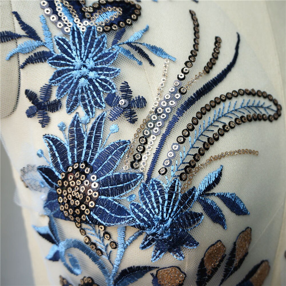 2 sæt 4 stk blå paillet blomsterblonder stof broderet kjole applikationer krave høj luksus mesh sy patches til kjoler
