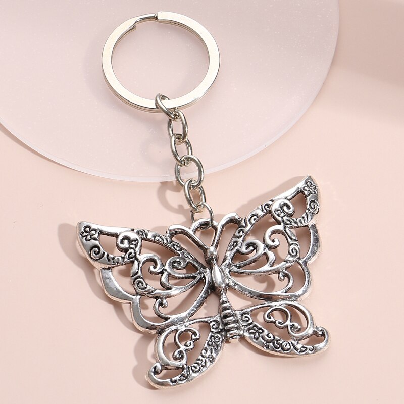 Lovely Butterfly And Flower Keychain Animal Garden Key Ring Metal Key Chains Fit Women Men DIY Car Hanging Jewelry Handmade: E3554