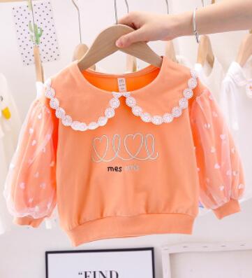 Baby Meisjes Zoete Kant Trui Herfst Mode Baby Meisje Revers Leuk Overhemd Kinderkleding Kinderen Lange Mouw katoen: Oranje / 24M(100cm)