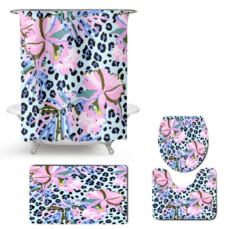 Leopard Print Animal Bathroom Set Toilet Lid Cover Bath Rugs Carpet Waterproof Shower Curtain with Hooks 4pcs Shower Curtain Set: Color-4