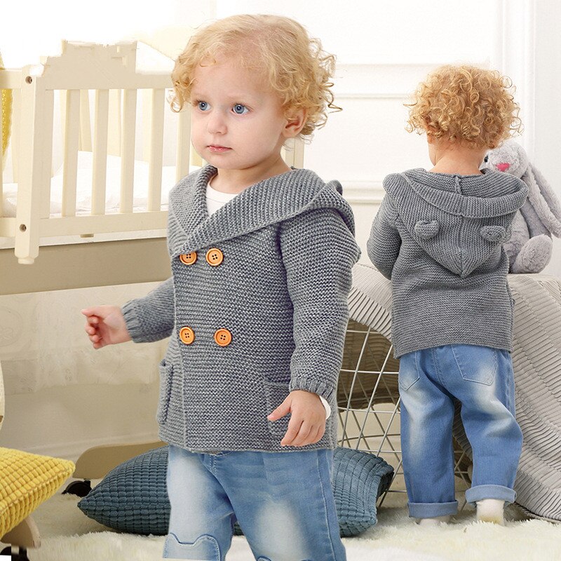Strik cardigan sweater til baby dreng 0-2t spædbørn børn trøje hætte tøj til småbørn tøj varm hættetrøje jakke parka børn: Mørkegrå / 12m