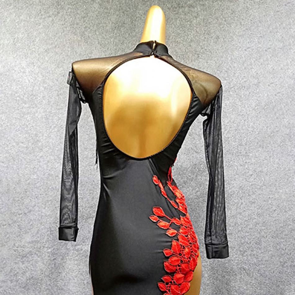Long Sleeve Bare Back Flower And Tassel Latin Dance Dress Dancing Performance Women Dress Ballroom Samba Tango W252