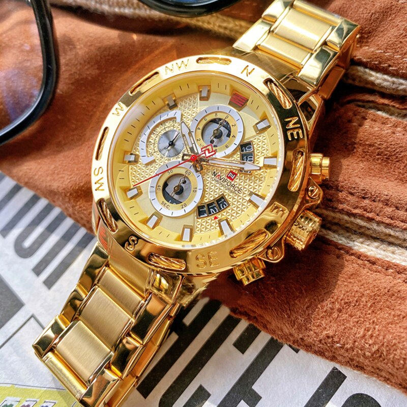 Naviforce Quartz Horloge Sport Waterdicht Topmerk Luxe Klok Datum Heren Horloges Volledige Staal Gold Big Dial Horloge Mannen