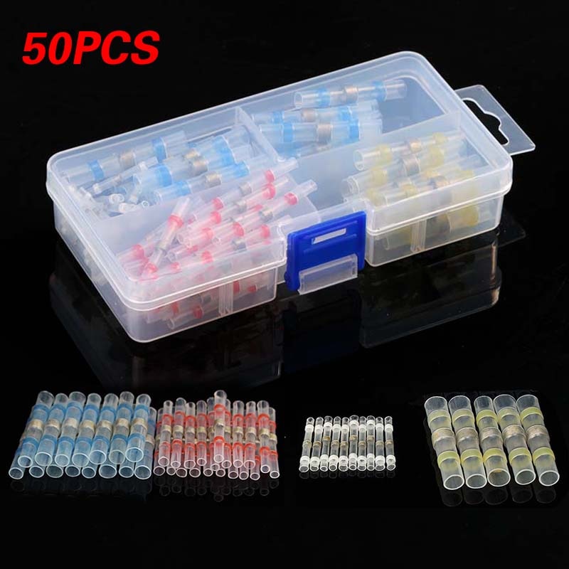 50PCS 4 colors Waterproof Solder Seal Heat Shrink Butt Wire Connectors Terminals Electrical Soldering Sleeve with Box Dropshippi