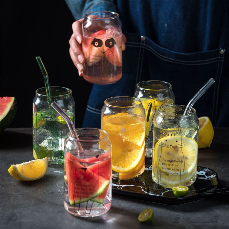 2Pcs Animal Pattern Glass Cup Transparent Cola Milk Juice Glass Home Office Coffee Mug Flower Teacup Drinking Glasses