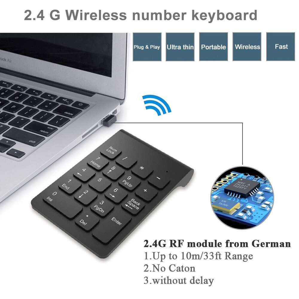 [AVATTO] Small Size 2.4GHz USB Wireless Numeric Keypad Mini Numpad 18 Keys Digital Keyboard for Teller Laptop Notebook Tablets