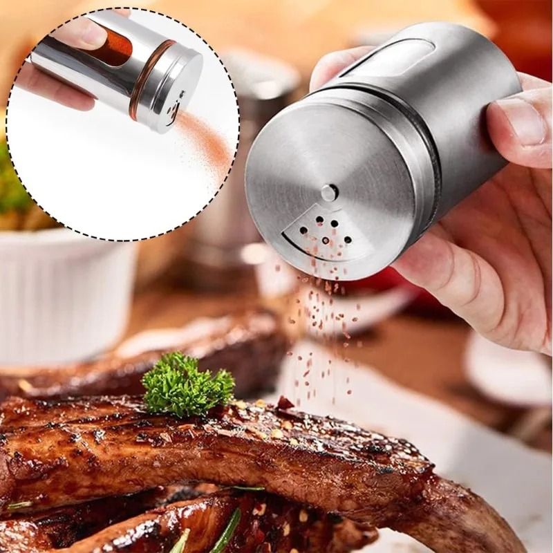 Tarro de condimentos multiusos, salero y azúcar de acero inoxidable con cubierta giratoria, contenedor de botella de especias y condimentos, utensilio de cocina