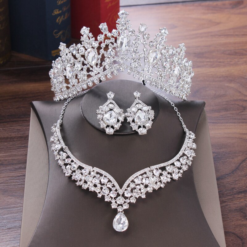 Barok Kristal Bruiloft Tiara Kroon Water Bridal Jewelry Sets Strass Ketting Oorbellen Voor Bruid Dubai Sieraden Sets